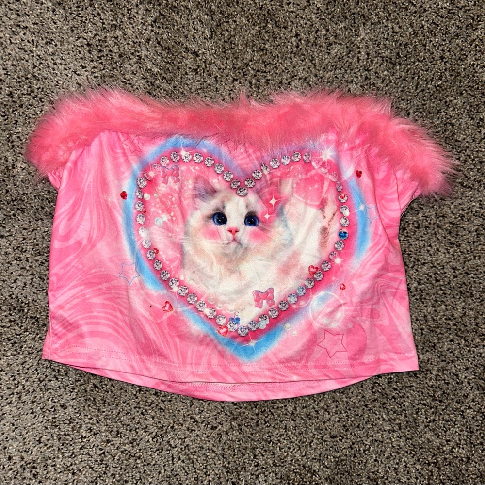 Kitty Print Faux Fur Trim Tube Top